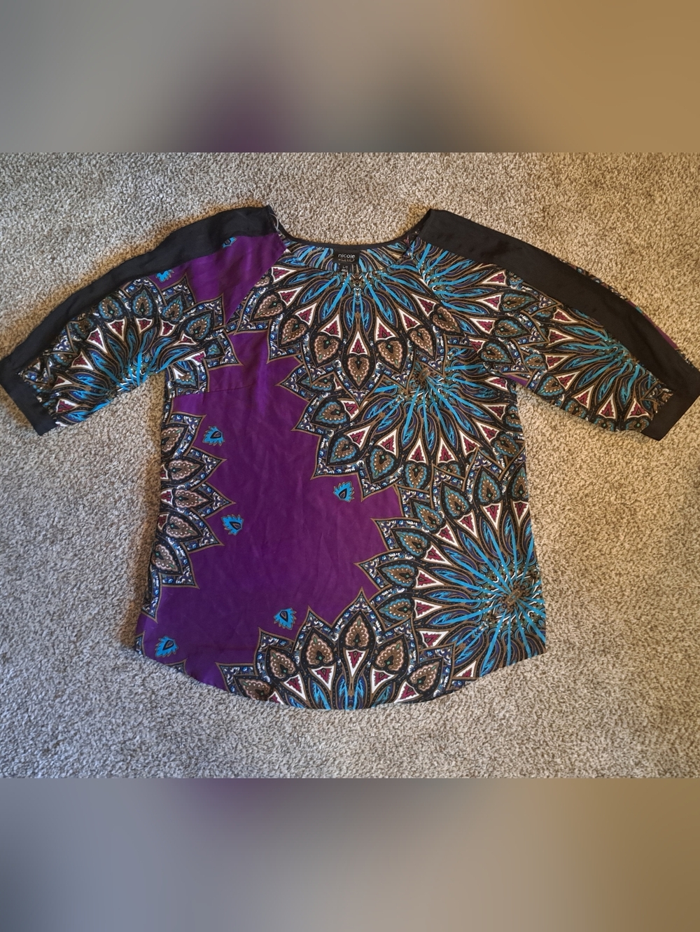 Nicole By Nicole Purple Geometric Medallion 3/4 Sleeve Top Women's Size Large